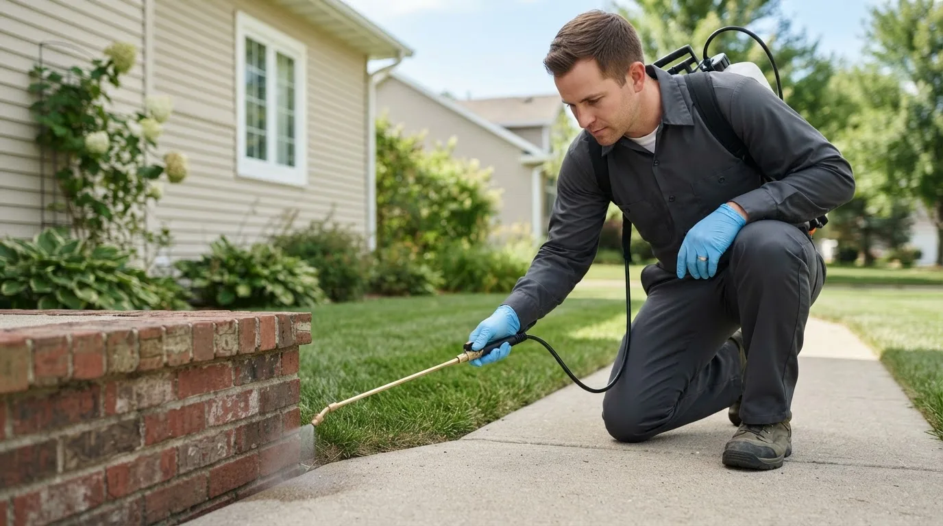 Pest control technician treating a home near Fairfield, VT