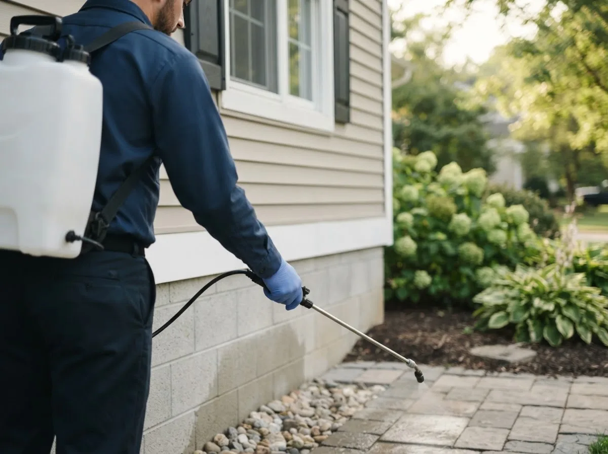 Pest control technician inspecting a home in Fairfield, VT